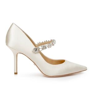 Elegant Badgley Mischka White Satin Mary Jane Heels with Crystal Strap